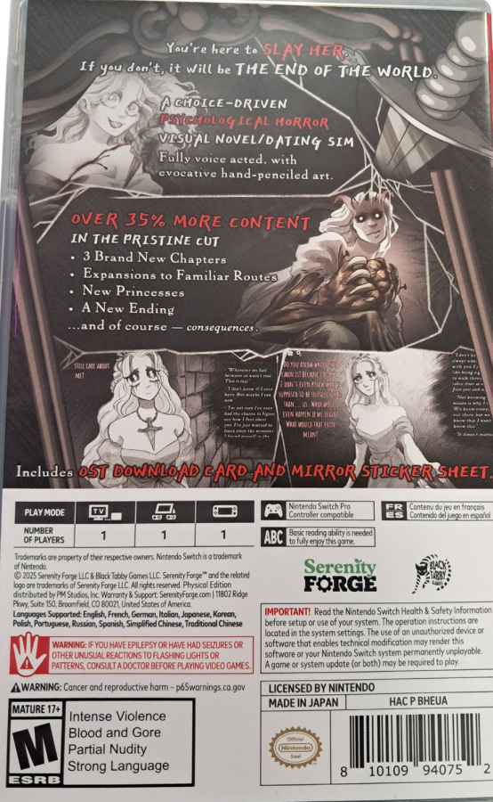 Slay the Princess Nintendo Switch inspired design featuring psychological narrative horror adventure aesthetic branching dialogue choices eerie hand drawn visuals suspenseful storytelling moral dilemma exploration immersive voice driven gameplay and dark fairytale atmosphere presentation back cover