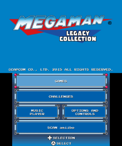 Mega Man Legacy Collection start screen for Nintendo 3DS (3DS) action platformer video game