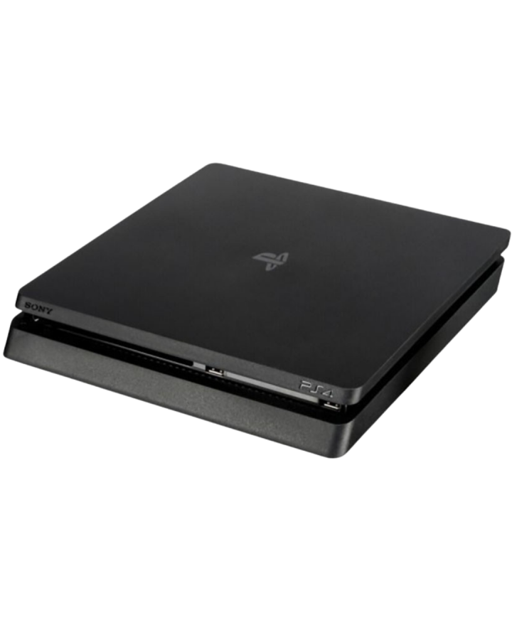 Top front view of a Sony PS4 Slim console showing the top surface, front-facing disc slot, power and eject buttons, and logo from a slightly angled perspective.