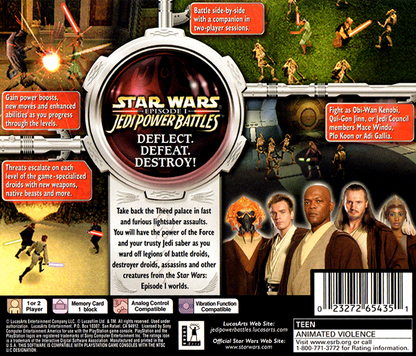 Star Wars Episode I Jedi Power Battles PlayStation 1 arcade action fighting game playable Jedi characters light saber combat back cover art
