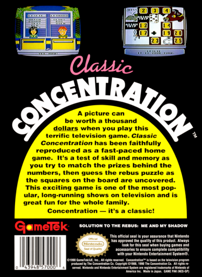 Classic Concentration back of box for Nintendo Entertainment System (NES) retro video game