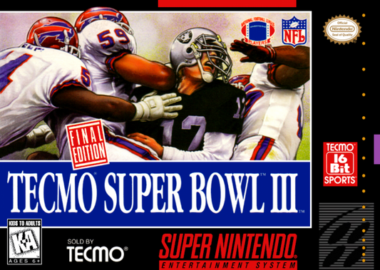 Tecmo Super Bowl III Super Nintendo SNES cover art for the retro game.
