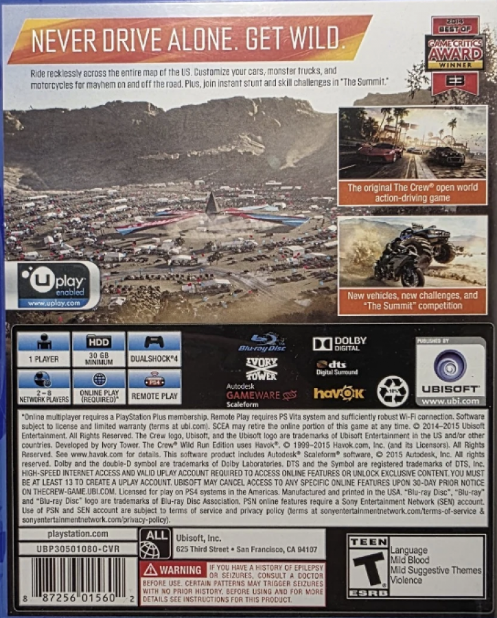 The Crew 2 – PlayStation 4 (PS4) video game back of case, open-world racing