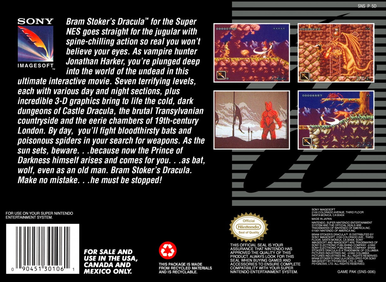 Bram Stokers Dracula retro SNES video game Bram Stokers Dracula horror action adventure gothic vampire combat platform gameplay movie based console title Super Nintendo release back of case