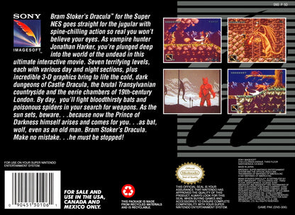 Bram Stokers Dracula retro SNES video game Bram Stokers Dracula horror action adventure gothic vampire combat platform gameplay movie based console title Super Nintendo release back of case