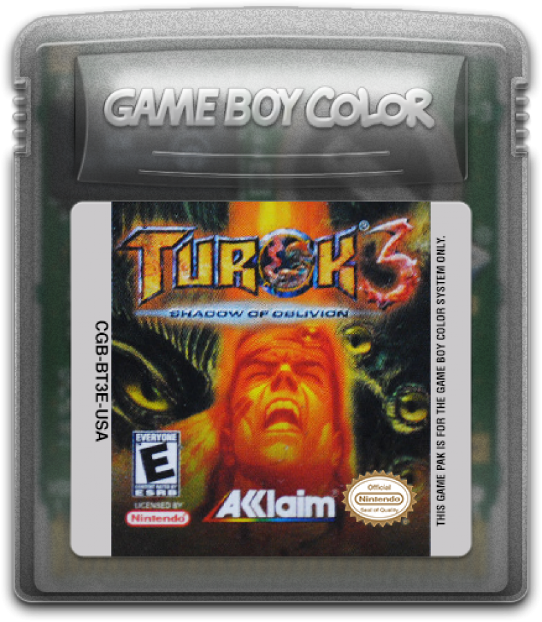 Turok 3: Shadow of Oblivion Nintendo Game Boy Color GBC for action platformer retro video game fans featuring dinosaur battles sci fi adventure side scrolling gameplay powerful weapons challenging enemies intense combat classic handheld gaming collectible gaming appeal cartridge