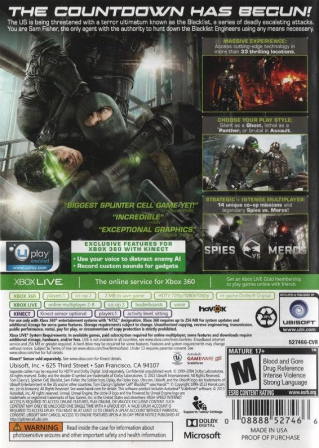 Splinter Cell Blacklist video game featuring stealth action gameplay tactical espionage missions Sam Fisher covert operations customizable loadouts single player campaign and online multiplayer modes by Ubisoft back cover