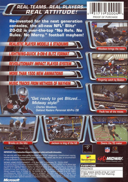 NFL Blitz 2002 Xbox video game, arcade-style football, fast-paced sports action, multiplayer, classic Midway football title back cover