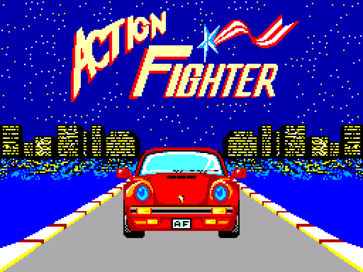 Action Fighter Sega Master System SMS for arcade action racing video game fans featuring high speed vehicle combat motorcycle and car gameplay enemy attacks weapon upgrades power ups challenging stages scrolling action and classic Sega Master System gameplay collectible retro gaming appeal gameplay