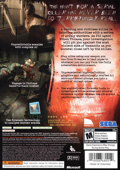 Condemned Criminal Origins for Xbox 360 first person survival horror video game featuring intense psychological terror forensic investigation brutal melee combat and dark atmospheric crime thriller experience back cover art