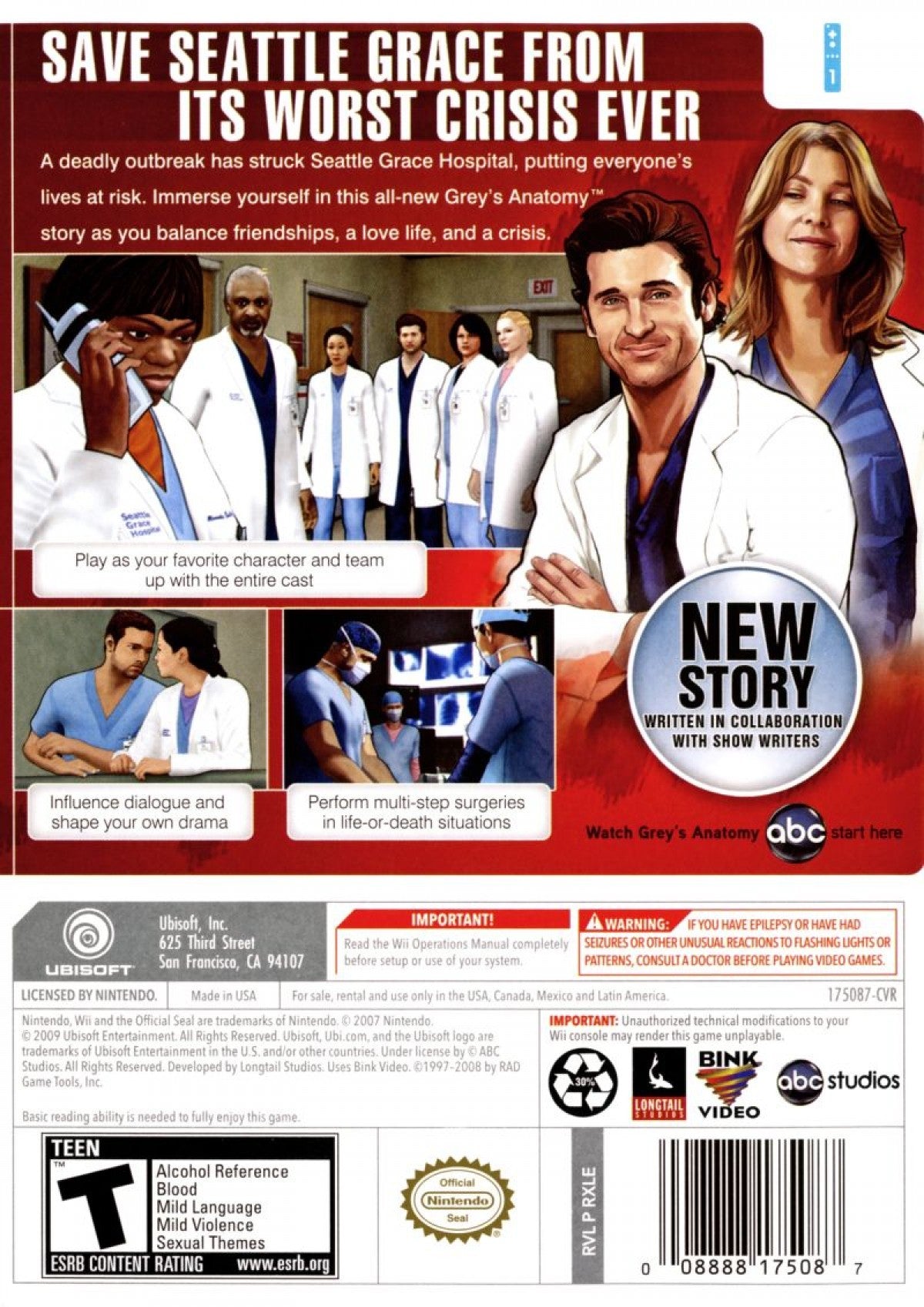 Grey’s Anatomy: The Video Game – Nintendo Wii (Wii) interactive drama adventure back of case for video game