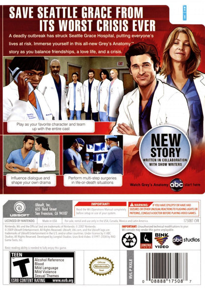 Grey’s Anatomy: The Video Game – Nintendo Wii (Wii) interactive drama adventure back of case for video game