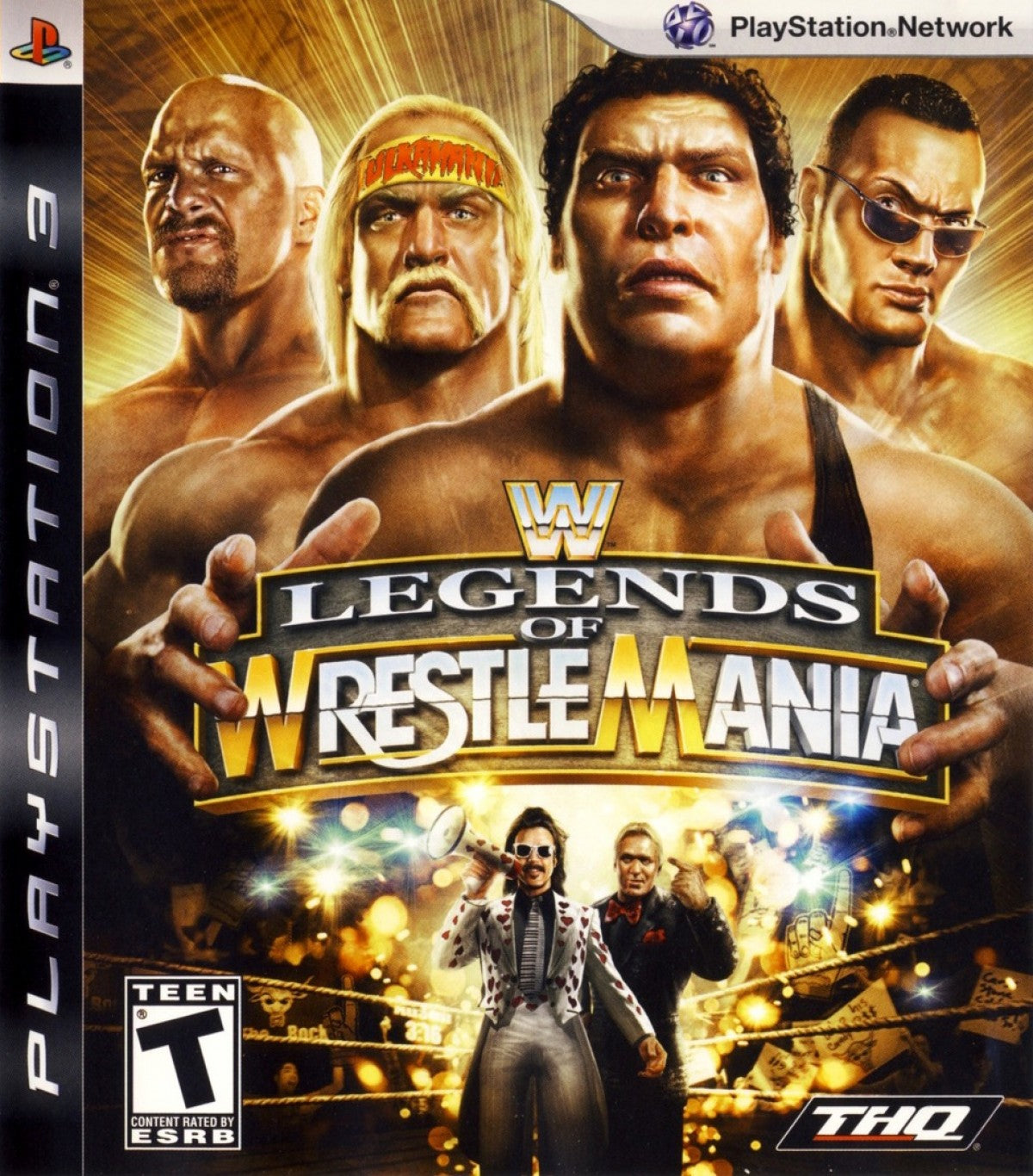WWE Legends of WrestleMania PlayStation 3 PS3 for wrestling video game fans featuring legendary WWE superstars classic matches arcade style gameplay iconic finishing moves exhibition and tournament modes nostalgic sports entertainment collectible gaming appeal front cover