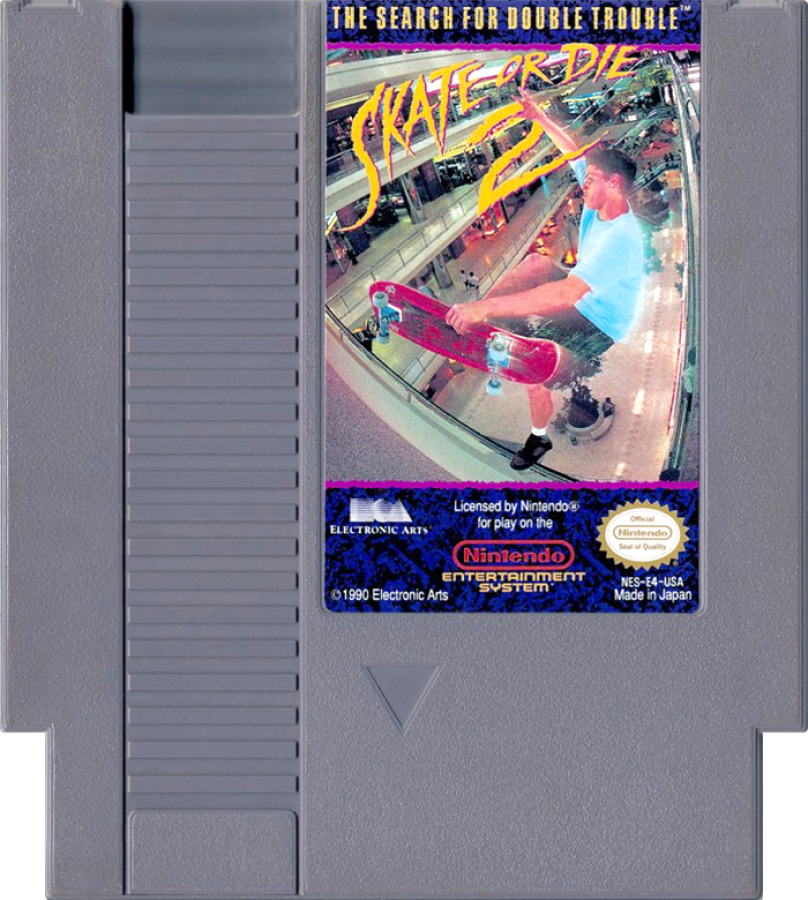 Skate or Die 2 cartridge for the Nintendo Entertainment System featuring 8 bit skateboarding action with downhill racing trick challenges and arcade style competition across urban courses cartridge