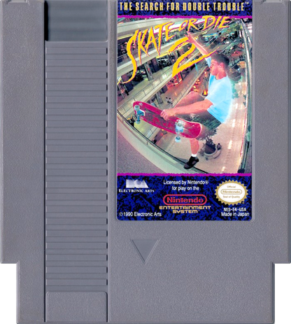 Skate or Die 2 cartridge for the Nintendo Entertainment System featuring 8 bit skateboarding action with downhill racing trick challenges and arcade style competition across urban courses cartridge