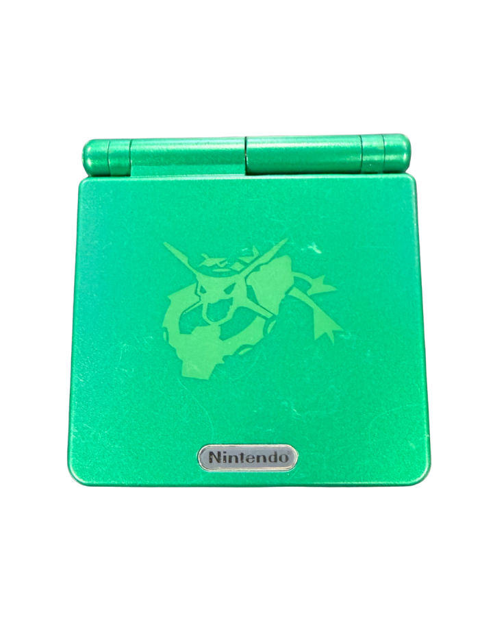 Rayquaza custom shell Game Boy Advance SP handheld console featuring vibrant green Pokémon themed housing detailed legendary dragon artwork and unique modded retro gaming collector design