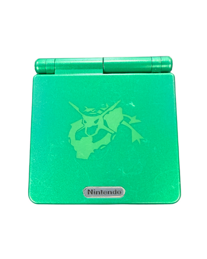 Rayquaza custom shell Game Boy Advance SP handheld console featuring vibrant green Pokémon themed housing detailed legendary dragon artwork and unique modded retro gaming collector design