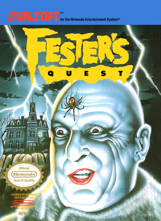 Fester's Quest cartridge for the Nintendo Entertainment System featuring 8 bit top down action gameplay as Uncle Fester battles alien invaders with power ups weapons and maze like city exploration front cover