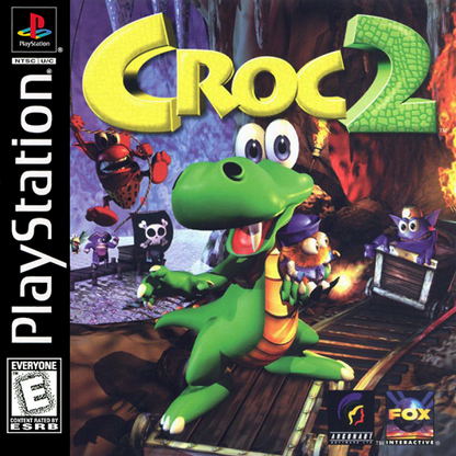 Croc 2 game for the PlayStation featuring 3D platforming gameplay with exploration puzzle solving collectible items and colorful levels as Croc embarks on a quest to rescue Gobbos and battle enemies across varied worlds front cover 