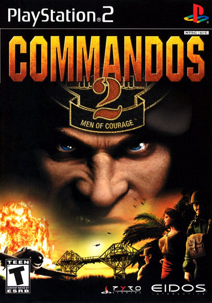 Commandos 2 Men of Courage PlayStation 2 PS2 for real time strategy video game fans featuring tactical World War II missions stealth gameplay elite commando squad strategic planning challenging objectives multiple character abilities immersive military action collectible gaming appeal cover art