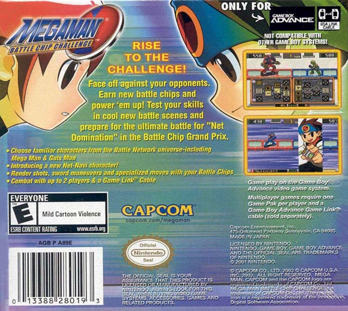 Mega Man Battle Chip Challenge Game Boy Advance GBA video game, strategy RPG, card-based battle system, handheld Capcom title back cover art