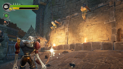 MediEvil game for the PlayStation 4 featuring action adventure gameplay with hack and slash combat puzzle solving and a gothic fantasy setting as Sir Daniel Fortesque battles undead enemies in a remade version of the classic PlayStation title gameplay 