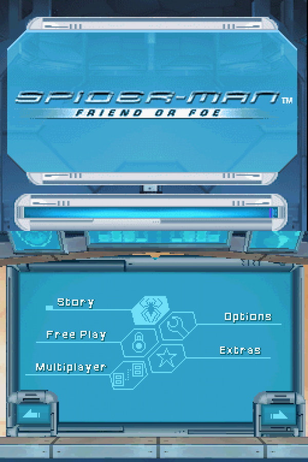 Spider-Man Friend or Foe for Nintendo DS (DS), main menu for a retro video game featuring action-adventure gameplay, beat-em-up combat, character-based missions, co-op mechanics, and superhero-themed battles