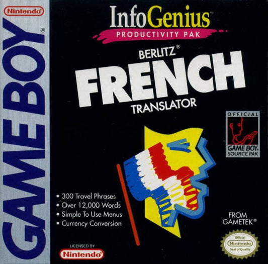 Berlitz French Translator retro Game Boy video game Berlitz French Translator educational language learning handheld software travel phrase translator vocabulary practice portable release cover art 