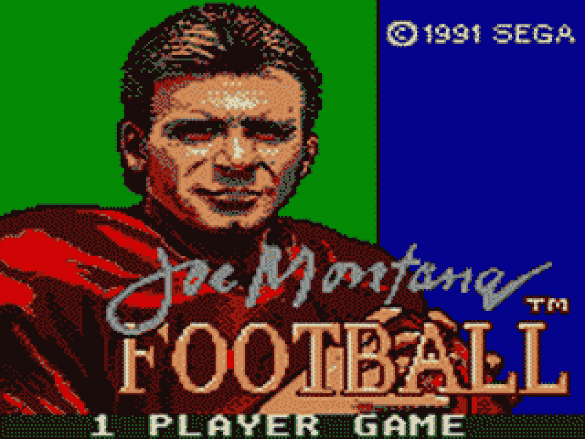 Joe Montana Football title screen for Sega Game Gear (GG) video game