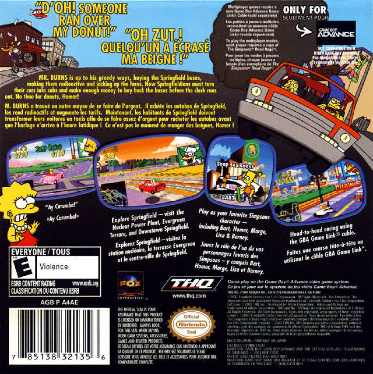 The Simpsons Road Rage Game Boy Advance GBA for retro video game enthusiasts featuring arcade driving gameplay Springfield themed taxi style missions cartoon inspired characters fast paced vehicle challenges pick up and drop off objectives handheld racing action and collectible gaming appeal back cover