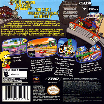The Simpsons Road Rage Game Boy Advance GBA for retro video game enthusiasts featuring arcade driving gameplay Springfield themed taxi style missions cartoon inspired characters fast paced vehicle challenges pick up and drop off objectives handheld racing action and collectible gaming appeal back cover
