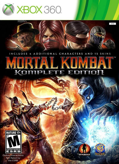 Mortal Kombat Komplete Edition Xbox 360 cover art for retro video game enthusiasts featuring brutal fighting gameplay iconic arcade combat fatalities combo based mechanics character roster from the Mortal Kombat universe story driven tournament battles and competitive arcade style fighting game experience and collectible gaming appeal cover art