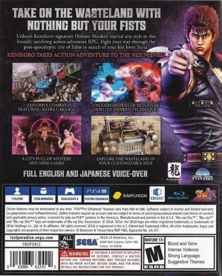 Fist of the North Star: Lost Paradise [PlayStation Hits] – PlayStation 4 (PS4) video game back of case, action-adventure brawler by Sega