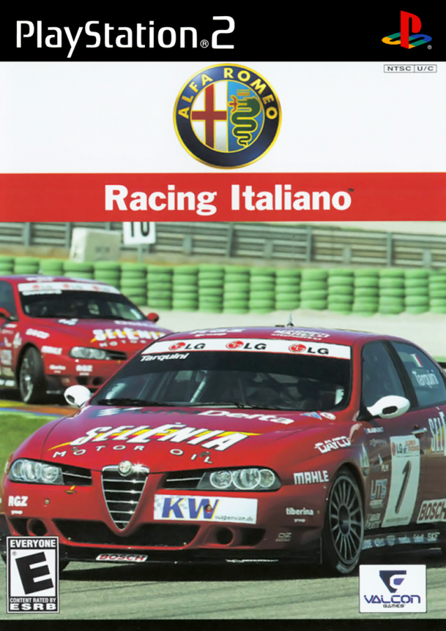 Retro Alfa Romeo Racing Italiano PS2 inspired design featuring exotic European sports car racing aesthetic vintage PlayStation 2 Italian automotive culture realistic driving simulation high speed circuits sleek performance vehicles nostalgic racing game presentation - cover art
