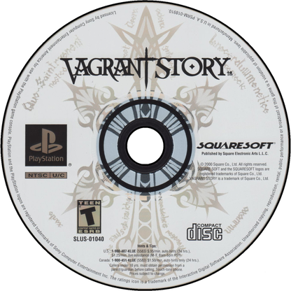 Vagrant Story PlayStation PS1 for action role playing video game fans featuring dark fantasy adventure gameplay real time combat weapon crafting system exploration challenging puzzles mysterious storyline gothic environments character customization classic Square RPG experience collectible gaming appeal disc 1