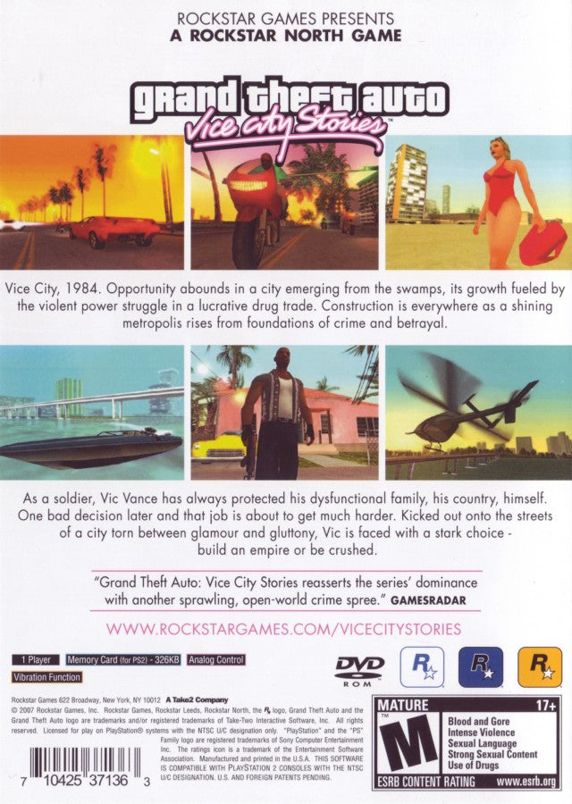 Grand Theft Auto: Vice City Stories back cover art for PlayStation 2 (PS2) video game