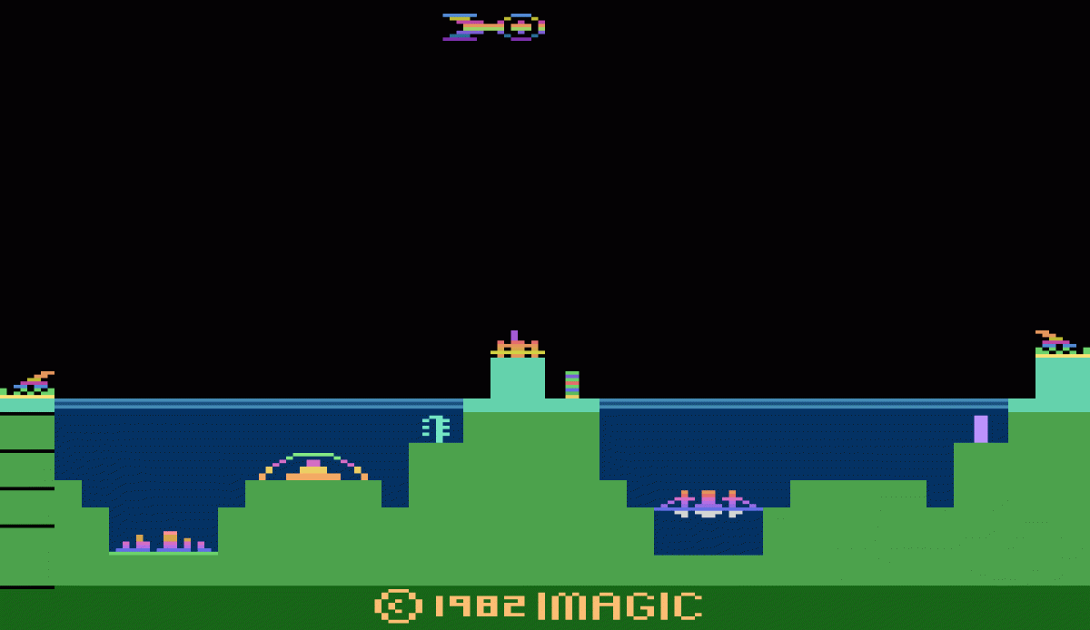 Atlantis retro Atari 2600 video game featuring arcade defense gameplay, futuristic city battles, alien attacks and classic Atari action - title screen