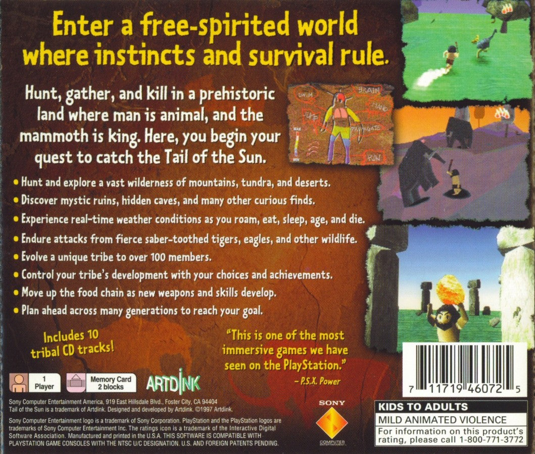 Tail of the Sun PlayStation 1 PS1 for survival adventure retro video game fans featuring prehistoric exploration open world gameplay resource gathering primitive tribes dinosaur encounters unique sandbox experience collectible gaming appeal back of case