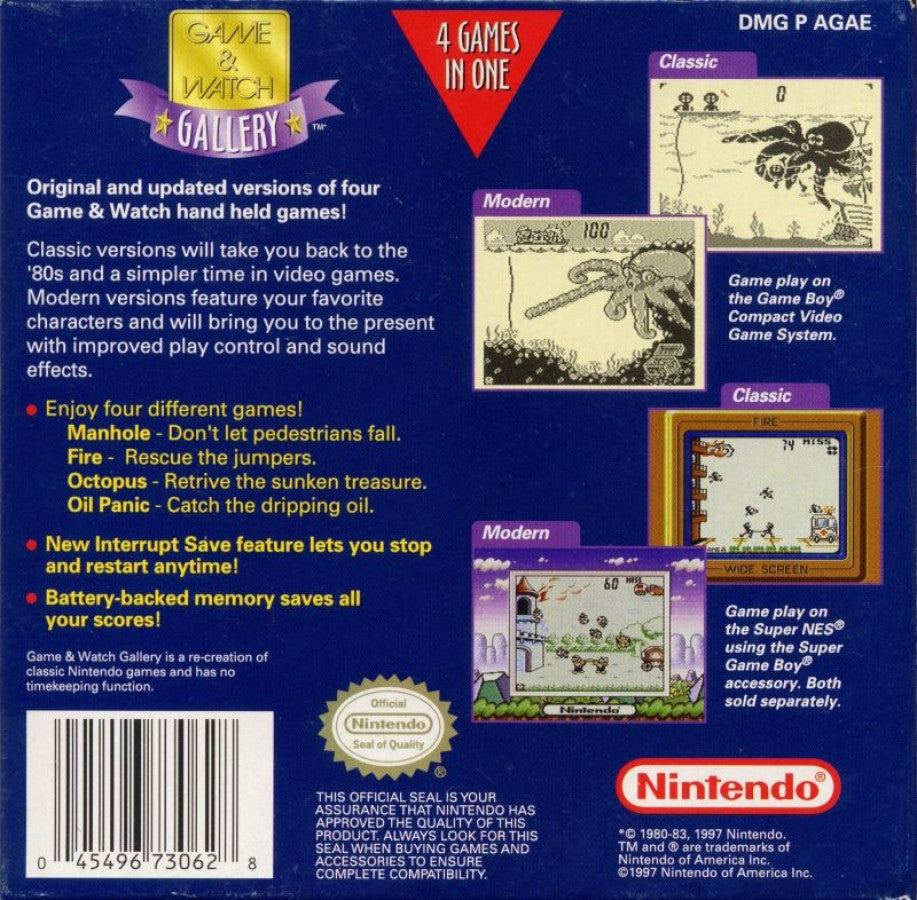 Game and Watch Gallery Game Boy handheld compilation video game featuring classic Nintendo LCD games modern and classic versions retro mini-games including Mario Bros Donkey Kong Zelda Game Boy handheld retro back cover