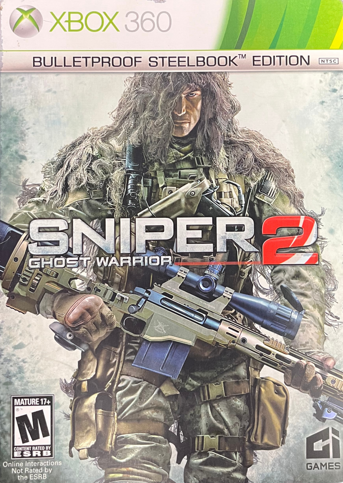 Sniper Ghost Warrior 2 Bulletproof Steelbook Edition Xbox 360 tactical sniper shooter first person FPS stealth combat military simulation precision shooting long range sniping CI Games special edition steelbook collector edition Xbox 360 software video game title cover art
