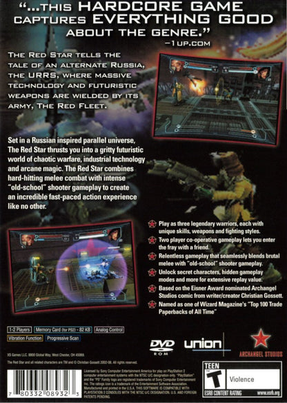 The Red Star PS2 Sony PlayStation 2 action shooter beat em up arcade style combat twin stick shooting hack and slash gameplay alternate history Soviet themed sci fi fantasy Acclaim retro gaming PlayStation 2 software video game title back cover art