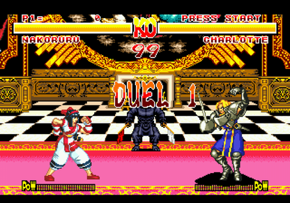 Samurai Shodown Sega Genesis GEN video game featuring 2D fighting gameplay samurai warriors weapon based combat special attacks character battles Japanese themed environments arcade style action competitive matches and classic 16 bit Sega gameplay retro video game collection collectible gaming appeal gameplay