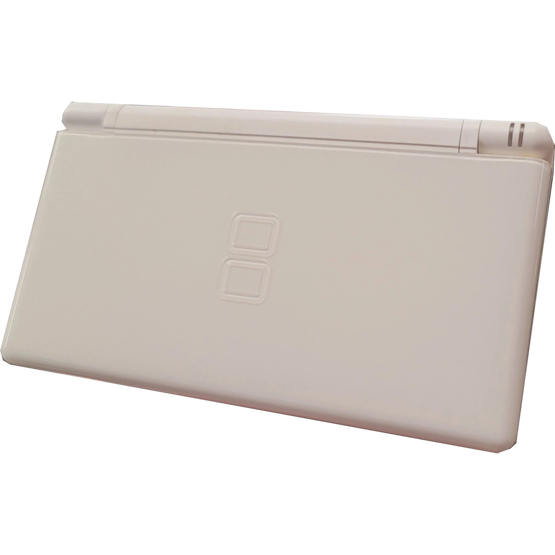 White Nintendo DS Lite console handheld gaming system featuring dual screens touch screen controls built in microphone wireless multiplayer compact foldable design backward compatibility with Game Boy Advance GBA games iconic Nintendo hardware portable gaming collectible gaming appeal