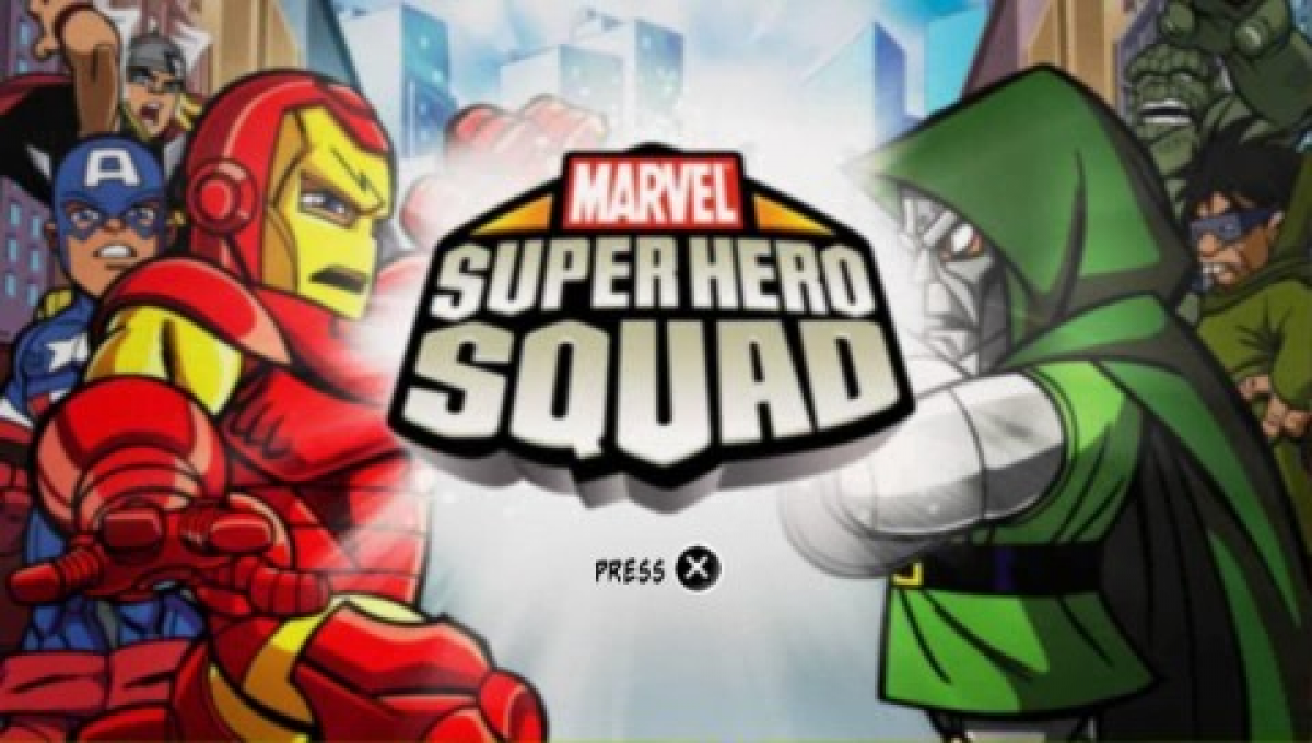 Marvel Super Hero Squad PlayStation Portable inspired design featuring colorful superhero action adventure aesthetic chibi Marvel character style lighthearted combat team based missions comic book inspired environments accessible gameplay and portable arcade style presentation gameplay  
