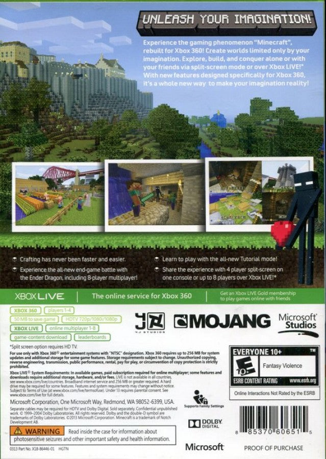 Minecraft [Xbox 360 Edition] back of case for Xbox 360 (X360) sandbox survival crafting video game