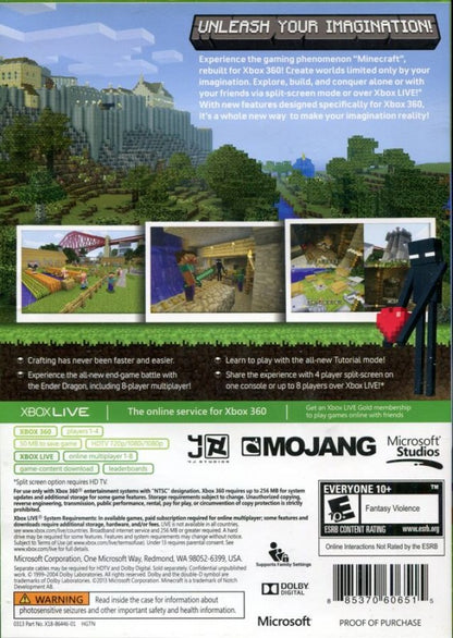 Minecraft [Xbox 360 Edition] back of case for Xbox 360 (X360) sandbox survival crafting video game