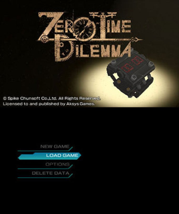 Zero Time Dilemma start screen for Nintendo 3DS (3DS) video game