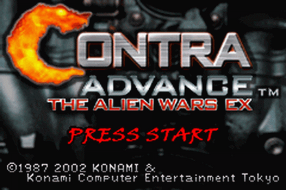 Contra Advance The Alien Wars EX for Game Boy Advance, title screen for a run-and-gun shooter video game with side-scrolling gameplay, fast-paced combat, alien enemies, and classic arcade-style action