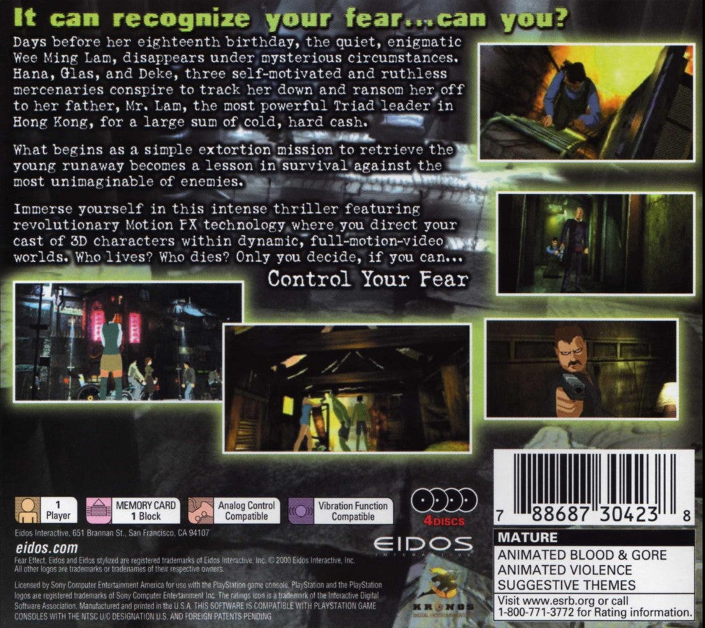 Fear Effect retro cyberpunk action adventure game for PlayStation 1 (PS1) back of case