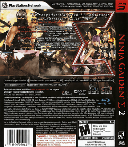 Ninja Gaiden Sigma 2 back cover art for PlayStation 3 (PS3) video game